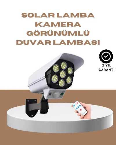 Güneş Enerjili LED Lamba + Güvenlik Kamerası Görünümlü– 5-8 m Hareket Algılamalı, Beyaz Işık