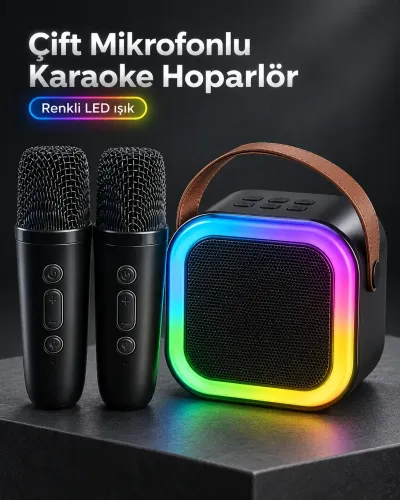 Taşıma Askılı Siyah LED Işıklı Bluetooth Hoparlör Çift Mikrofonlu Karaoke Seti