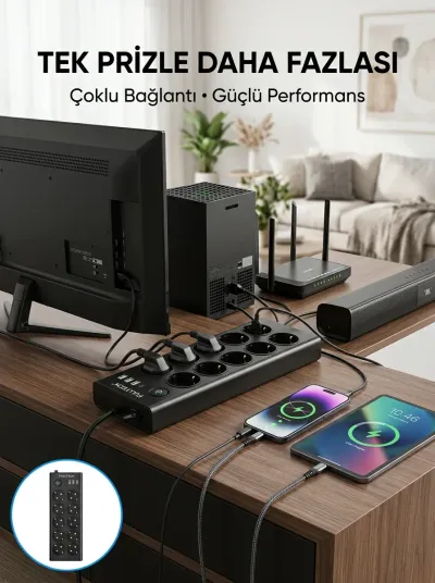 10 Prizli USB Destekli Çoklu Priz Type-C Şarj Girişli Güvenli Güç Ünitesi