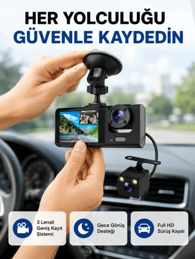 Üç Kameralı Araç İçi Kayıt Sistemi Full HD Gece Görüşlü ve G-Sensör Destekli