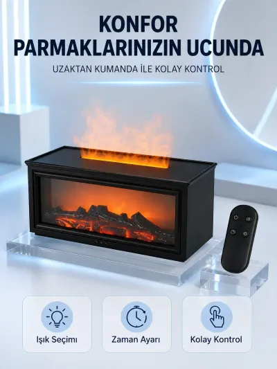 Dekoratif Şömine Görünümlü Nemlendirici Uzaktan Kumandalı Renkli LED Işıklı Difüzör