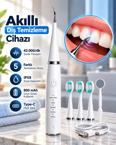 1. Taşınabilir Akıllı Diş Temizleme Cihazı Ayarlanabilir 5 Kademe Type C Şarjlı Sonic Temizleme