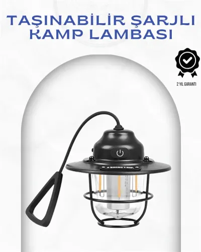 Geometrik Tasarımlı Vintage Kamp Lambası – Type-C Şarj, Ayarlanabilir Parlaklık
