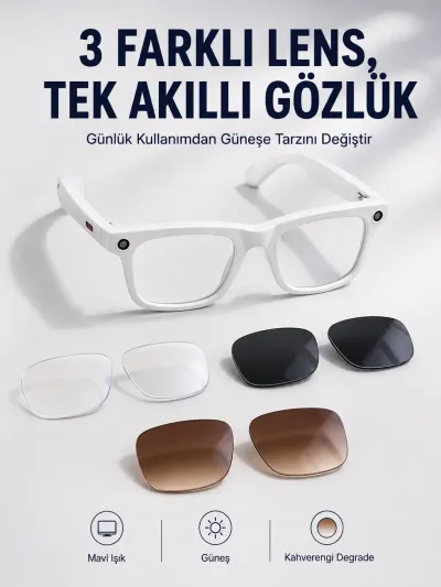 Yapay Zeka Destekli Akıllı Gözlük Dahili Kameralı Bluetooth Müzik ve Arama Özellikli Ses Kontrollü Değiştirilebilir Lensli