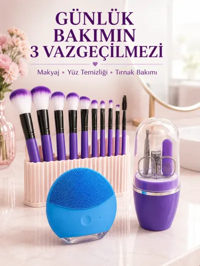 3’lü Güzellik ve Bakım Seti 12’li Mor Makyaj Fırçası Silikon Yüz Temizleme Cihazı ve Manikür Tırnak Bakım Seti