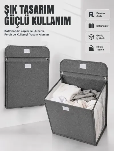 Duvara Asılabilir Katlanabilir Kirli Çamaşır Sepeti Geniş Hacimli Düzenleyici