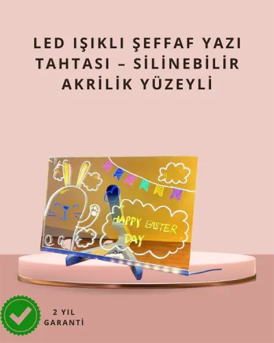 LED Işıklı Şeffaf Yazı Tahtası – Neon Etkili Akrilik Pano, Silinebilir, 7 Renkli Kalemli, 30x20 cm