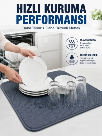 Bulaşık Kurutma Matı Geniş Yüzeyli Mikrofiber Tezgâh Koruyucu Kurutma Matı