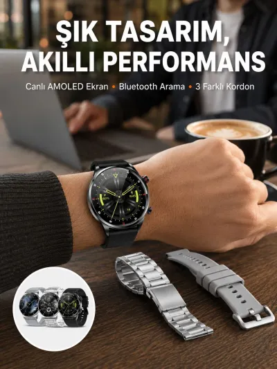 Akıllı Saat Çoklu Kordon Seçeneği Amoled Ekran Çok Fonksiyonlu Bluetooth Bağlantılı Yeni Nesil