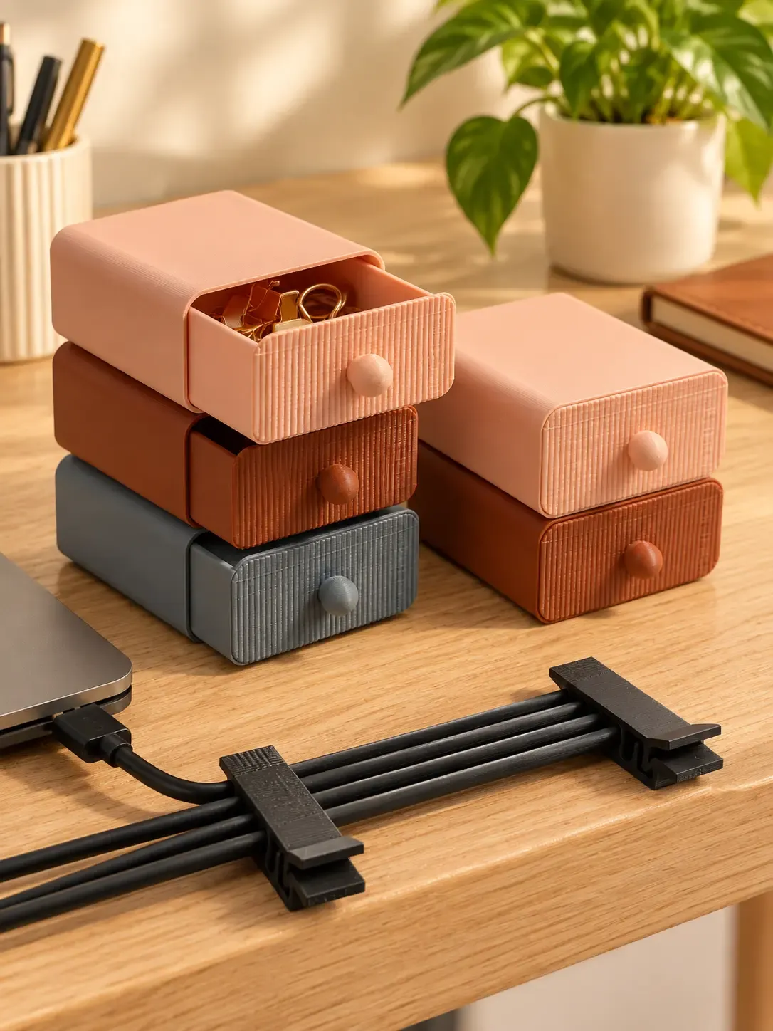 Masada üç çekmeceli 3D baskı mini çekmece organizerleri ve kablo düzenleyici