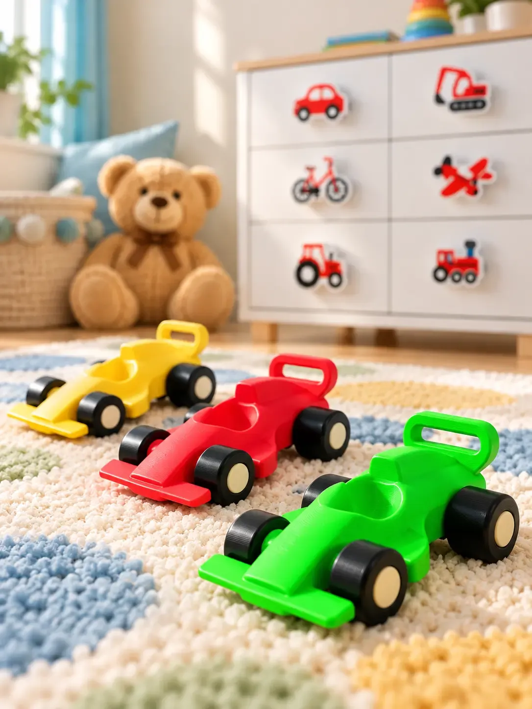 Halı üzerinde sarı kırmızı ve yeşil 3D baskı F1 oyuncak arabalar
