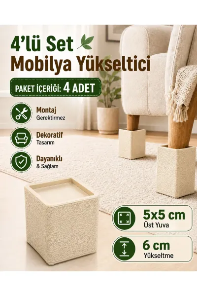 Dekoratif Mobilya Ayak Yükseltici 4’lü Set – Koltuk, Yatak, Baza ve Masa Yükseltme Aparatı — Krem 5x5 Ayak Çapı 6 Cm Yükseltme
