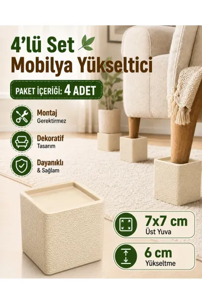 Dekoratif Mobilya Ayak Yükseltici 4’lü Set – Koltuk, Yatak, Baza ve Masa Yükseltme Aparatı — Krem 7x7 Ayak Çapı 6 Cm Yükseltme