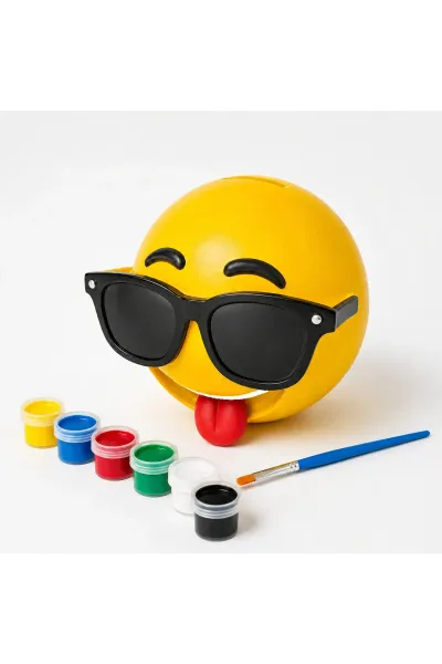 BOYANABİLİR EMOJİ KUMBARA 12cm KAPAKSIZ BOYA VE FIRÇA HEDİYELİ — GÖZLÜKLÜ