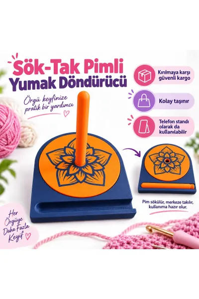 YUMAK DÖNDÜRÜCÜ - ÖRGÜ İPİ TUTUCU - İP DÖNDÜRÜCÜ - MAKARA TUTUCU- YUMAK STANDI — Lacivert - Turuncu