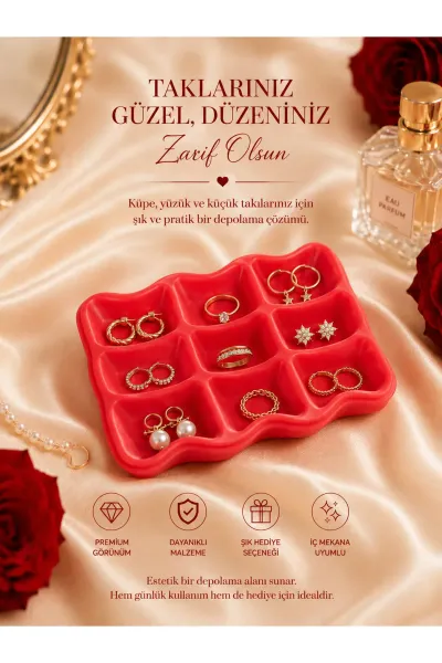 KÜPE YÜZÜK ORGANİZERİ TAKI ORGANİZER PREMİNYUM ŞIK TASARIM — Kırmızı