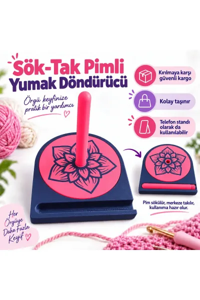 YUMAK DÖNDÜRÜCÜ - ÖRGÜ İPİ TUTUCU - İP DÖNDÜRÜCÜ - MAKARA TUTUCU- YUMAK STANDI — Lacivert - Pembe
