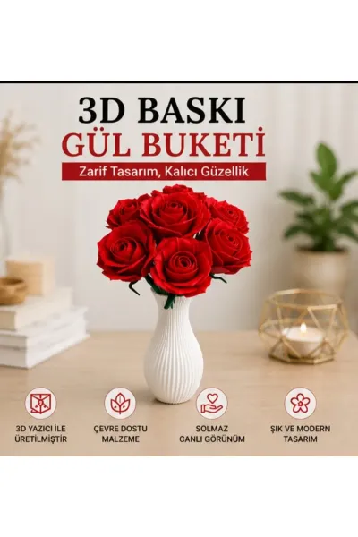 VAZOLU YAPAY GÜL DEMETİ. DEKORATİF MASA SÜSÜ — BEYAZ VAZO 6 KIRMIZI GÜL