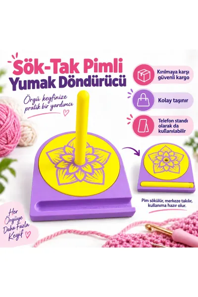 YUMAK DÖNDÜRÜCÜ - ÖRGÜ İPİ TUTUCU - İP DÖNDÜRÜCÜ - MAKARA TUTUCU- YUMAK STANDI — Mor - Sarı