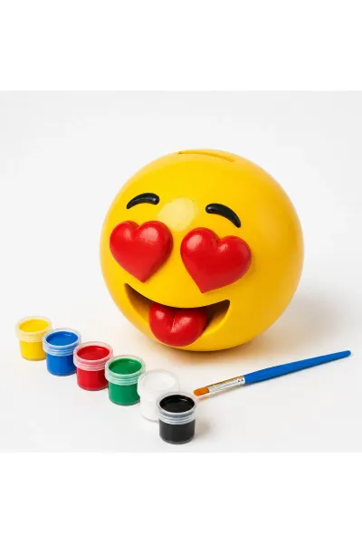 BOYANABİLİR EMOJİ KUMBARA 12cm KAPAKSIZ BOYA VE FIRÇA HEDİYELİ — KALPLİ