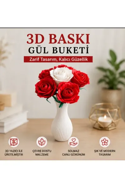 VAZOLU YAPAY GÜL DEMETİ. DEKORATİF MASA SÜSÜ — BEYAZ VAZO 5 KIRMIZI 1 BEYAZ GÜL