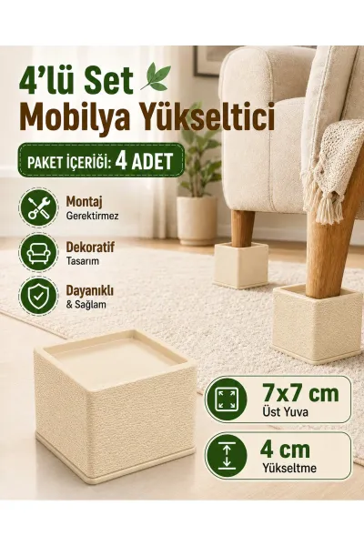 Dekoratif Mobilya Ayak Yükseltici 4’lü Set – Koltuk, Yatak, Baza ve Masa Yükseltme Aparatı — Krem 7x7 Ayak Çapı 4 Cm Yükseltme