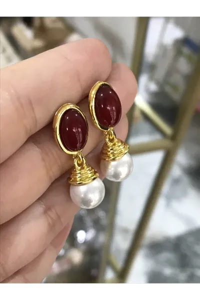 Bordo ve İnci Detaylı Zarif Küpe
