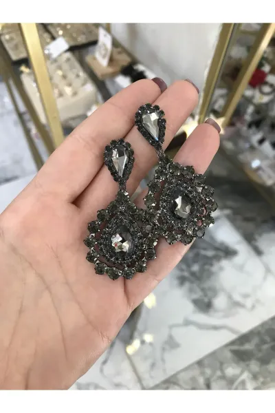 Gri Taşlı Abiye Model Zarif Küpe