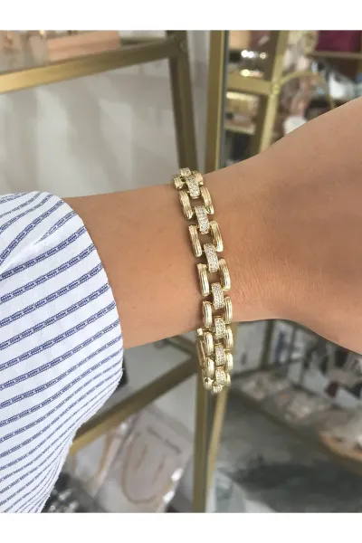 Taşlı Zincir Model Künye Bileklik (kararmaz)