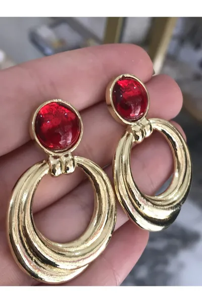 Vintage Muadil Marka Kırmızı Taş Model Küpe