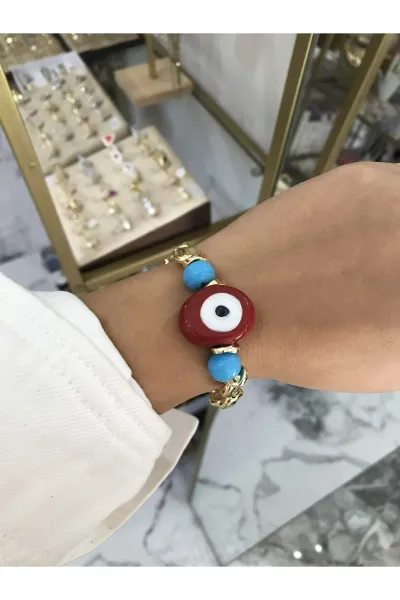 Gold Detaylı Bordo Nazarlı Lastikli Model Bileklik