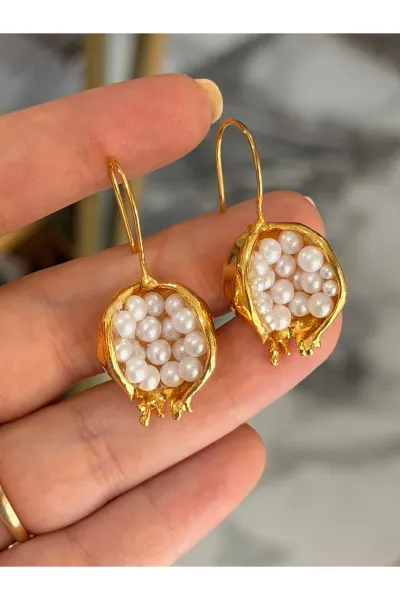 VIP Nar Model Doğal Taş İnci ve Gold Detaylı Tasarım Küpe (Bereketin Simgesi)