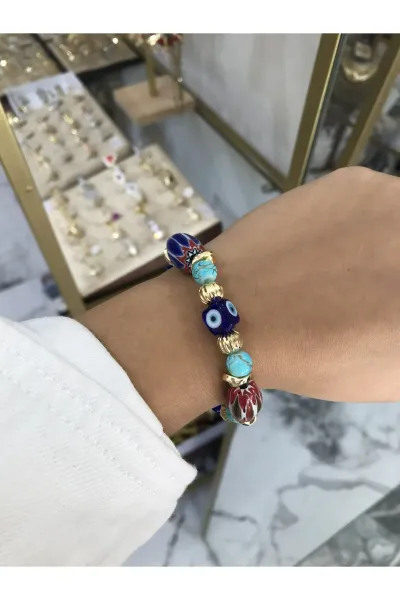 Nazar Detaylı Doğal Taş Lastikli Model Bileklik