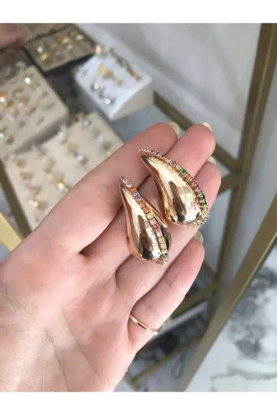Renkli Taşlı Damla Model Küpe