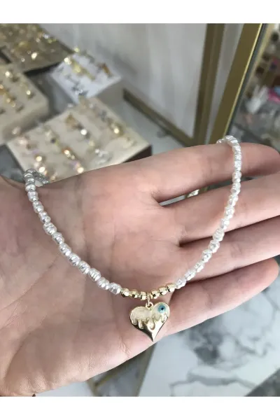 Nazarlı Kalp Detaylı İnci Tasarım Kolye