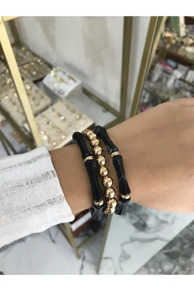 3'lü Gold Detaylı Siyah Kemik Bilezik