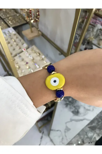 Gold Detaylı Sarı Nazarlı Lastikli Model Bileklik