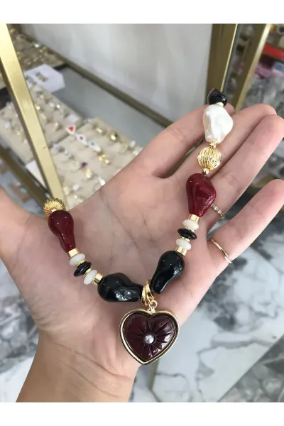 Cam Boncuk Model Gold Detaylı Kalp Kolye