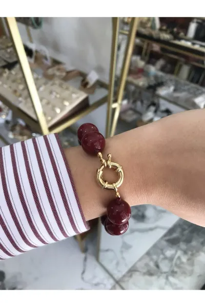 VIP Gold Kilit Detaylı Bordo Bileklik
