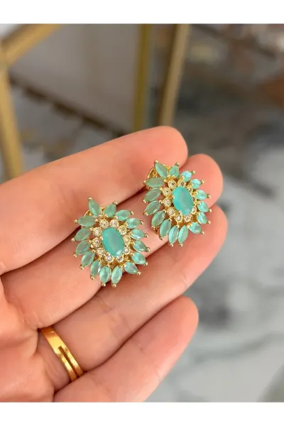 Vintage Model Turkuaz ve Taş Detaylı Küpe
