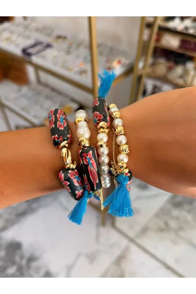 Gül ve Cam İnci Detaylı Lastikli Model Bileklik