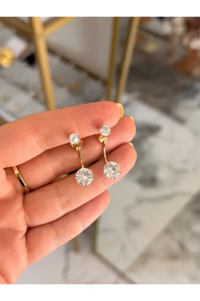 Tek Taş Model Gold Detaylı Tasarım Küpe