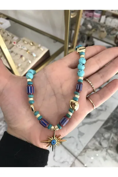 Cam Boncuk Yıldız Detaylı Doğal Taş Model Kolye