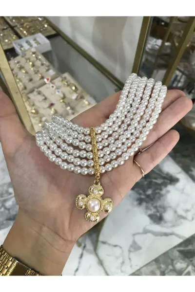 Gold Detaylı Abiye İnci Kolye
