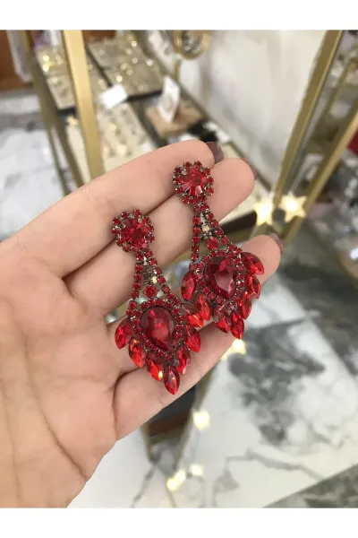 Kırmızı Taşlı Abiye Model Zarif Küpe (Düğün-Kına)