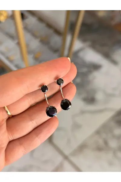 Siyah Tek Taş Model Silver Detaylı Tasarım Küpe