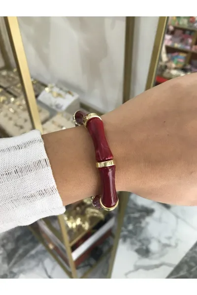 Bordo Gold Detaylı Zarif Kemik Bilezik