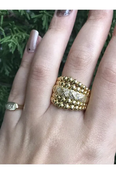 İri Gold Taş ve Top Detaylı Yüzük