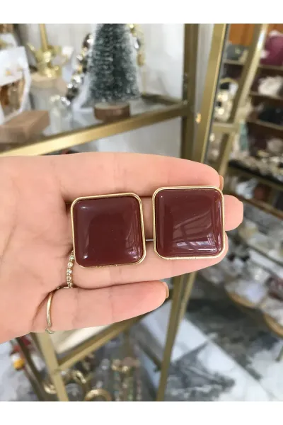 Kare Gold Detaylı Bordo Küpe