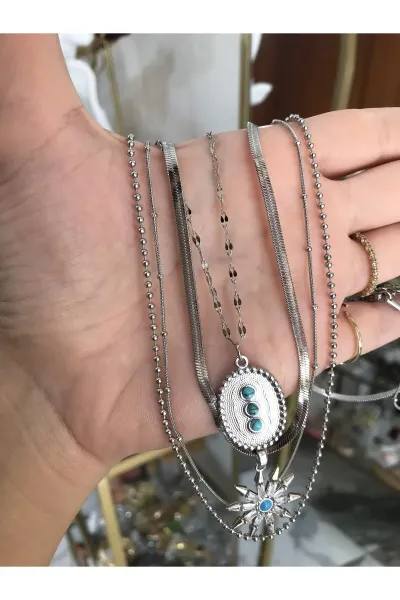 4'lü Silver Model Yıldız ve Mavi Boncuk Detaylı Kolye